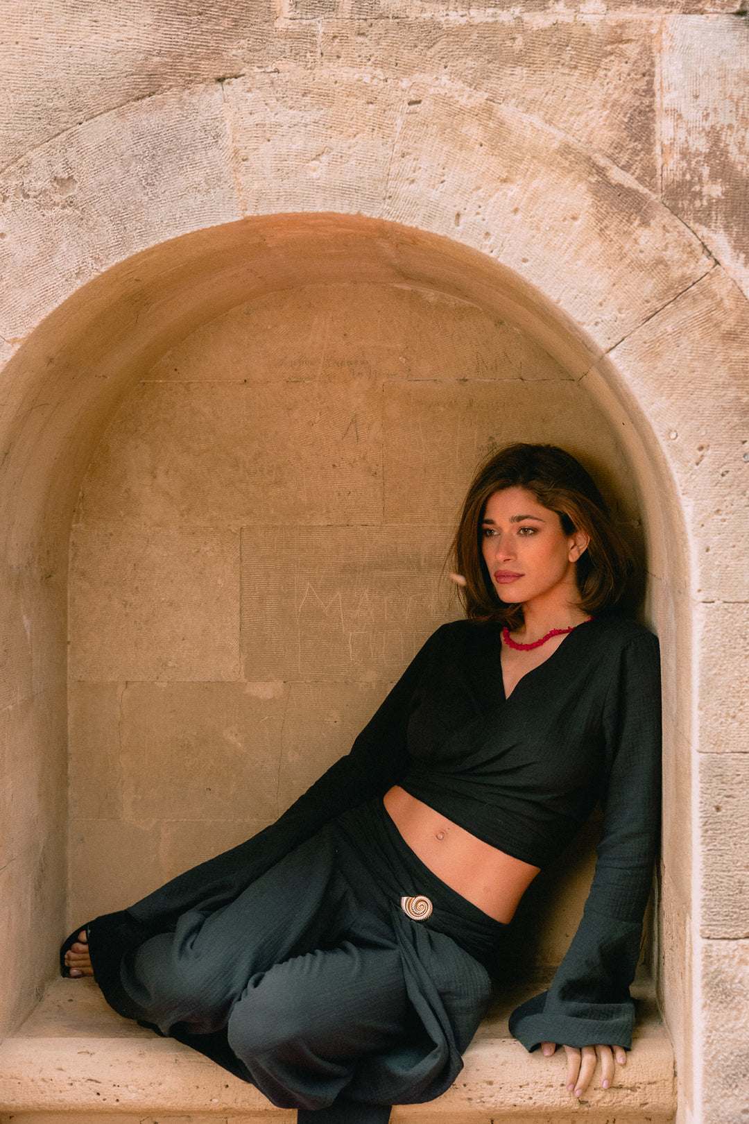 Coral Wrap Black Blouse