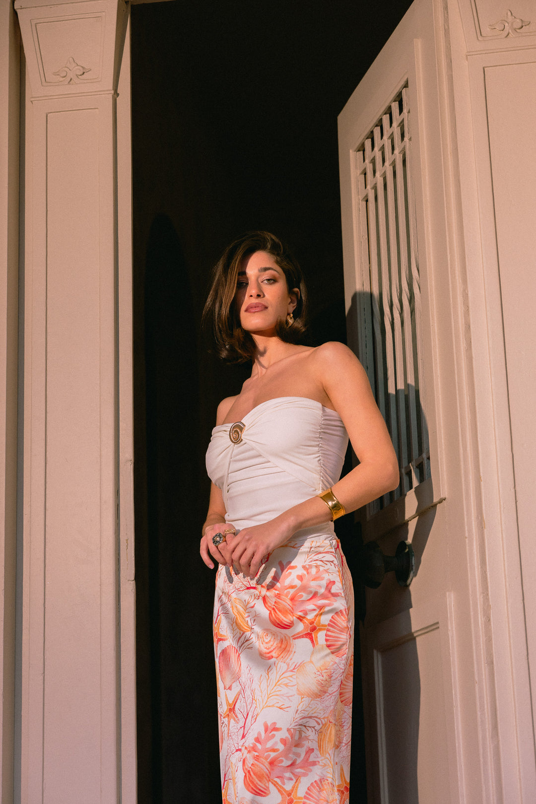 Coral White Strapless Top