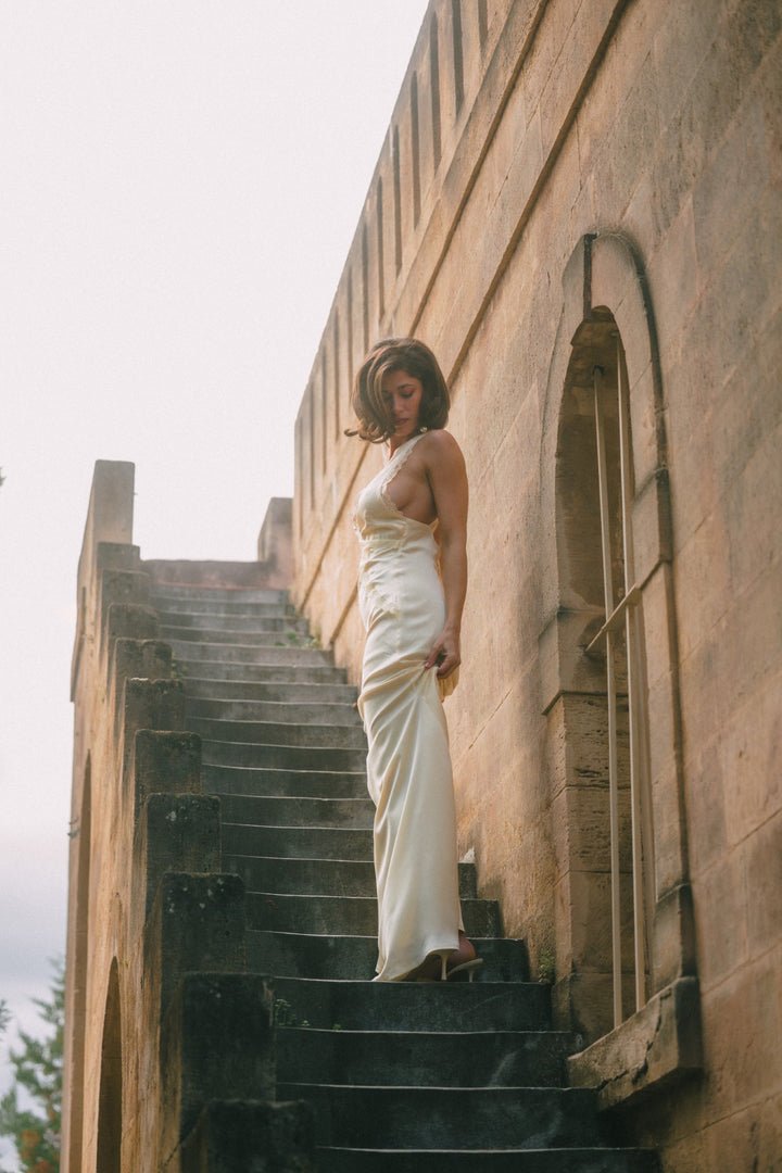 Again Butter Yellow Satin Dress
