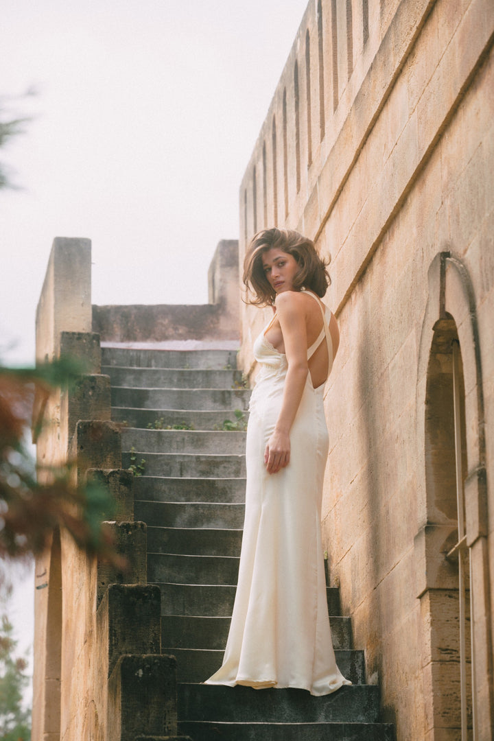Again Butter Yellow Satin Dress